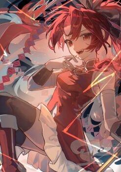 1girl abstract_background absurdres black_thighhighs boots chinese_commentary collared_dress commentary_request cowboy_shot detached_sleeves dress food geezhii high_ponytail highres holding holding_food holding_pocky knee_boots long_hair looking_at_viewer mahou_shoujo_madoka_magica mahou_shoujo_madoka_magica_(anime) open_mouth orange_eyes pocky ponytail red_boots red_dress red_hair sakura_kyoko sakura_kyoko_(magical_girl) sleeveless sleeveless_dress solo thighhighs