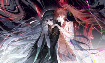 Rule 34 | 2girls, arknights, bochishiraita, brown hair, carmen (project moon), coat, distortion, high ponytail, highres, lab coat, limbus company, long hair, mayors (project moon), multiple girls, ponytail, project moon, robe, white hair