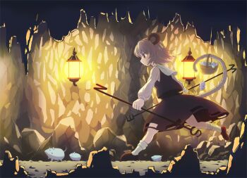 Rule 34 | 1girl, animal ears, basket, cave, dowsing rod, female focus, grey hair, lantern, mouse (animal), mouse ears, mouse tail, nazrin, ranka (tonbo), red eyes, running, short hair, solo, tail, touhou
