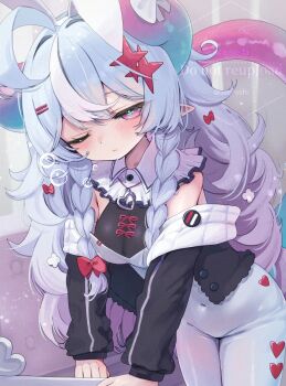 Rule 34 | 1girl, ahoge, black jacket, blue hair, blue horns, blue pupils, bodystocking, bow, braid, braided sidelock, breasts, cleavage, closed mouth, collar, commentary request, covered navel, cropped jacket, cross-shaped pupils, detached collar, frilled collar, frills, gradient horns, groin, hair between eyes, hair bow, hair ornament, hairclip, heart, heart necklace, highres, horns, jacket, jewelry, long hair, long sleeves, multicolored hair, multicolored horns, necklace, one eye closed, open clothes, open jacket, original, pink eyes, pink hair, pink horns, pointy ears, red bow, saebashi, sleepy, small breasts, solo, squeans, symbol-shaped pupils, tail, two-tone horns, very long hair, watermark, white collar, white hair