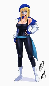 1girl absurdres beret black_unitard blonde_hair blue_gloves blue_hat boots breasts cleavage commentary_request dated fingerless_gloves full_body gear_senshi_dendou gloves hand_on_own_hip hat highres jacket large_breasts long_hair long_sleeves looking_at_viewer mask open_clothes open_jacket red_eyes signature simple_background solo standing unitard vega_(dendoh) white_background white_boots white_jacket yoo_tenchi