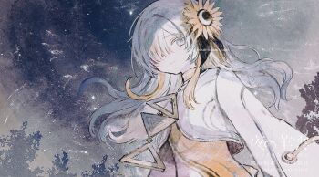 Rule 34 | 1girl, blonde hair, dress, flower, grey eyes, grey hair, hair flower, hair ornament, highres, isekaijoucho, kamitsubaki studio, light smile, long hair, looking at viewer, multicolored hair, official art, sky, solo, star (sky), starry sky, two-tone hair, yorunogumo