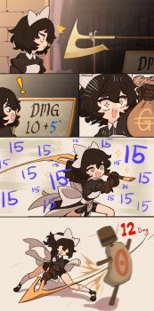 ! 1girl absurdres aged_down apron black_dress black_hair black_shoes centurii-chan damage_numbers dress dummy executioner_maid_(centurii-chan) halberd highres holding holding_polearm holding_weapon open_mouth original polearm shoes short_hair socks solo sparkling_eyes swinging_weapon weapon white_apron white_socks
