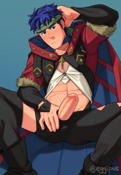 1boy abs absurdres arm_behind_head bara blue_background blue_eyes blue_hair commentary commission eggipus english_commentary erection fire_emblem fire_emblem:_radiant_dawn fire_emblem_engage green_headband headband highres ike_(fire_emblem) looking_at_viewer male_focus nintendo pectoral_cleavage pectorals penis_out precum sage_outfit_(fire_emblem_engage) short_hair solo sparse_chest_hair twitter_username variant_set