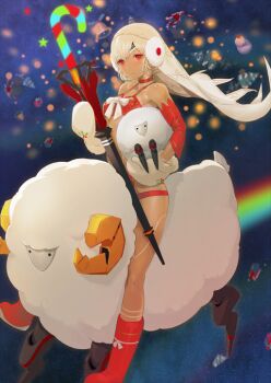 1girl altera_(fate) altera_the_santa_(fate) animal bare_shoulders blue_background blush boots bow bow_bra bra breasts candy candy_cane choker christmas dark-skinned_female dark_skin detached_sleeves earmuffs fate/grand_order fate_(series) food full-body_tattoo full_body headband holding holding_sheep holding_weapon horseback_riding huke looking_at_viewer mittens official_art panties photon_ray_(fate) rainbow red_boots red_bra red_choker red_eyes red_panties red_sleeves riding sheep small_breasts solo spaghetti_strap tattoo third-party_source underwear veil weapon white_bow white_hair white_mittens white_veil zerco_(fate)
