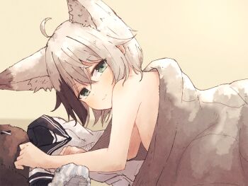 Rule 34 | 1girl, ahoge, animal ears, black hair, black sailor collar, blue panties, closed mouth, commentary request, extra ears, fox ears, fox girl, fox tail, green eyes, highres, looking at viewer, meguru 1225, multicolored hair, original, panties, sailor collar, sailor shirt, shirt, short hair, solo, striped clothes, striped panties, tail, two-tone hair, under covers, underwear, unworn panties, unworn shirt, white hair, white shirt