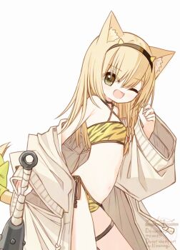 1girl ;d animal_ear_fluff animal_ears animal_print bikini blonde_hair breasts club club_(weapon) criss-cross_halter green_eyes hairband halterneck kanabou long_hair looking_at_viewer one_eye_closed open_clothes open_mouth original setsubun simple_background small_breasts smile solo spiked_club swimsuit tail tiger_print waka_(yuuhagi_(amaretto-no-natsu)) watermark weapon white_background yuuhagi_(amaretto-no-natsu)