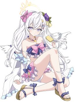 1girl absurdres angel_wings azusa_(blue_archive) azusa_(swimsuit)_(blue_archive) bare_shoulders bead_necklace beads bikini bikini_skirt blue_archive blush bow bow_on_wing breasts collarbone commentary crescent_halo crossed_bangs crossed_legs detached_sleeves feathered_wings flower food food-themed_hair_ornament food_print frilled_sleeves frills fruit_print full_body hair_between_eyes hair_flower hair_ornament halo hand_on_floor highres holding holding_food holding_popsicle jewelry light_smile long_hair looking_at_viewer mili_mli necklace official_alternate_costume orange_hair_ornament orange_print pink_bikini platform_sandals popsicle purple_eyes purple_flower ribbon-trimmed_bikini ribbon-trimmed_swimsuit ribbon_trim ruffle_bikini sandals sitting small_breasts solo strapless strapless_bikini swimsuit watermelon_hair_ornament white_background white_wings winged_halo wings yellow_halo