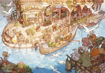 animal_ears architecture baiguiyu bird boat bridge cafeteria canal cat chair cityscape dress duck flower flower_shop gondola highres on_boat original people plant potted_plant rabbit rug scenery shop sign sitting table tail water watercraft waving_hands white_bird