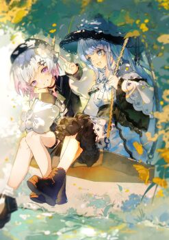 2girls absurdres artist_request beret black_boots black_choker black_gloves black_hat black_shoes boots chinese_commentary choker commentary_request commission day dress flower frilled_dress frilled_sleeves frills full_body gloves gradient_hair grass hair_flower hair_ornament hand_on_own_cheek hand_on_own_face hat hat_flower highres long_hair long_sleeves looking_at_another looking_at_viewer mahou_shoujo_no_majo_saiban multicolored_hair multiple_girls on_swing open_mouth outdoors pink_eyes pink_hair sakuraba_ema second-party_source shoes short_hair sitting smile spoilers swing tree_shade tsukishiro_yuki white_dress white_flower white_hair x_hair_ornament