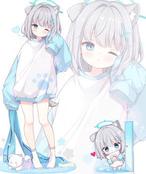 Rule 34 | 1girl, ;<, animal ear fluff, animal ears, blue archive, blue eyes, blue halo, blue sleeves, blush, chibi, closed mouth, commentary request, cross hair ornament, dog, dog ears, dog girl, dog tail, doodle sensei (blue archive), full body, grey hair, hair intakes, hair ornament, halo, korean commentary, long sleeves, looking at viewer, mixed-language commentary, multiple views, no shoes, one ear down, one eye closed, sensei (blue archive), shiroko (blue archive), shirt, short hair, simple background, sleeves past fingers, sleeves past wrists, socks, standing, subin (subin 2011), tail, white background, white shirt, white socks, zoom layer