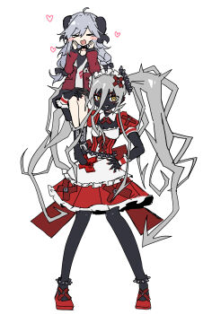 2girls absurdres apron black_skin carrying carrying_person closed_eyes colored_skin commentary_request crossover dress genre_connection grey_hair hair_ornament hand_on_own_hip hardcore_tano_c highres horns j-core jacket japanese_stream_hardcore joe_faiko laur laur-chan long_hair looking_at_viewer maid multiple_girls open_clothes open_jacket red_dress red_jacket red_shoes sheep_horns shoes simple_background twintails very_long_hair white_apron white_background wusem0108 x_hair_ornament yellow_eyes