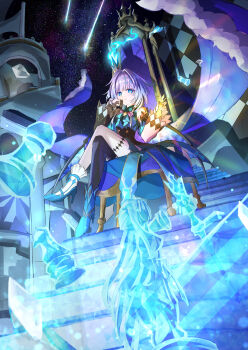 Rule 34 | 1girl, absurdres, asymmetrical legwear, blue dress, blue eyes, blue fire, board game, cape, cerydra (honkai: star rail), chess, chess piece, commentary request, crossed legs, crown, dress, fire, fur trim, hand on own face, high heels, highres, holding, holding chess piece, honkai: star rail, honkai (series), low wings, mini crown, multicolored hair, ribbon, shooting star, sitting, smile, stairs, star (sky), streaked hair, thigh strap, throne, white hair, wings, wira