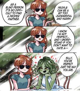 Rule 34 | 2girls, :d, blind, braid, brown hair, chair, colored skin, corrupted twitter file, dress, english text, fangs, fingernails, freckles, greek mythology, green skin, grey shirt, grs-, head rest, highres, holding hands, long braid, long hair, medusa (mythology), multiple girls, on chair, open mouth, original, pointy ears, shirt, sitting, sleeveless, sleeveless dress, slit pupils, smile, snake hair, sparkle, sunglasses, table, white dress, yellow eyes, yuri