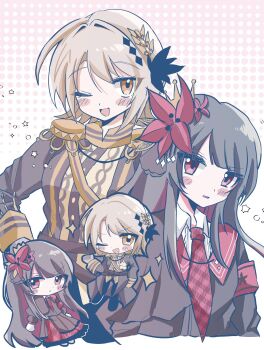 2girls ;d armband black_hair black_jacket black_shirt blonde_hair blunt_bangs chibi commentary_request cropped_torso epaulettes flower hair_flower hair_ornament hasumi_leia highres jacket long_hair long_sleeves looking_at_viewer mahou_shoujo_no_majo_saiban multiple_girls namacha_(chiii_cha12) necktie nikaido_hiro one_eye_closed open_mouth red_armband red_eyes red_flower red_necktie sash shirt short_hair shoulder_sash smile sparkle upper_body yellow_eyes