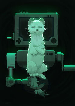 animal annoyed black_background claws closed_mouth crossed_arms fangs highres holding holding_animal inscryption looking_at_viewer p03_(inscryption) robot shesterrni standing stoat_(inscryption) weasel whiskers white_fur