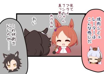 3girls :d ^_^ air_shakur_(umamusume) animal_ears black_hair blush brown_hat chibi chibi_only chopsticks closed_eyes commentary_request gold_ship_(umamusume) gomashio_(goma_feet) grey_hair hat holding holding_chopsticks horse_ears horse_girl jacket jitome long_hair long_sleeves multiple_girls no_mouth open_mouth orange_hair red_jacket sakura_laurel_(umamusume) short_hair smile speech_bubble tracen_training_uniform track_jacket translation_request umamusume yellow_eyes