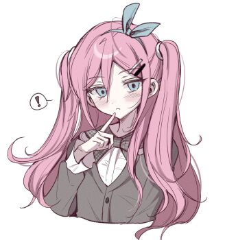 ! 1girl :< alternate_costume alternate_hairstyle aubrey_(faraway)_(omori) aubrey_(omori) black_bow black_bowtie blue_eyes blue_hairband blush bow bowtie closed_mouth collared_shirt commentary_request double-parted_bangs hair_between_eyes hair_ornament hairband hairclip highres index_finger_raised korean_commentary long_hair long_sleeves looking_at_viewer omori parallel_hairclips pink_hair shirt sidelocks simple_background solo speech_bubble spoken_exclamation_mark twintails upper_body white_background white_shirt wktdms1