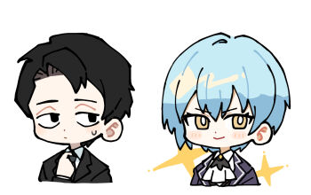 Rule 34 | 1boy, 1girl, :>, angela (project moon), ascot, black eyes, black hair, blue coat, blue hair, blush, closed mouth, coat, collared shirt, lapels, library of ruina, notched lapels, pinch (nesume), project moon, roland (project moon), shirt, short hair, simple background, smile, sparkle, white ascot, white background, white shirt, yellow eyes