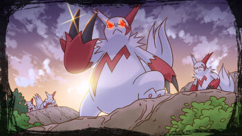 :< alpha_pokemon claws closed_mouth cloud commentary_request from_below gen_3_pokemon glowing glowing_eyes hiraisaki looking_down nintendo outdoors pokemon pokemon_(creature) pokemon_focus sky split_mouth standing sunset twilight white_fur zangoose
