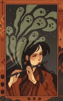 1boy arrow_(projectile) black_hair black_sky border burning burning_building chain chinese_clothes closed_mouth dizi earrings flute flute_tassel ghost hair_ribbon hanfu highres inset_border instrument jar jewelry long_hair male_focus modao_zushi mountain music night ofuda ornate_border outdoors parted_bangs playing_flute playing_instrument portrait red_border red_hanfu red_ribbon ribbon skull sky solo star_(sky) starry_sky sword tassel transverse_flute very_long_hair weapon wei_wuxian wei_wuxian_(yiling_laozu) yaroslava_murashko