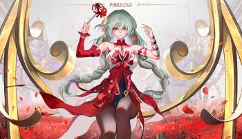 Rule 34 | 1girl, absurdres, armpits, bandaged arm, bandages, bare shoulders, black skirt, blood, bloody tears, braid, breasts, character name, commentary, detached sleeves, dress, english commentary, feet out of frame, flower, grey eyes, grey pantyhose, heterochromia, highres, holding, holding flower, large breasts, long hair, looking at viewer, low twin braids, nervi fd, pantyhose, parted lips, phrolova (wuthering waves), red dress, red eyes, red flower, single detached sleeve, skirt, solo, spider lily, tacet discord (wuthering waves), tacet mark (wuthering waves), twin braids, very long hair, wuthering waves