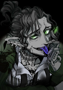 1boy absurdres beard black_nails centipede_tattoo chinstrap_beard collared_shirt cosplay facial_hair green_eyes highres hood hooded_jacket jacket male_focus mature_male neck_tattoo oogie_boogie oogie_boogie_(cosplay) scar scar_on_face scar_on_mouth shirt smile solo swing_(twisted_wonderland) tattoo the_nightmare_before_christmas twisted_wonderland user_yzum8857