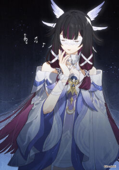 1girl absurdres artist_name black_hair bow closed_eyes columbina_(genshin_impact) dress eye_mask genshin_impact gradient_background hair_ornament head_wings highres kradebii long_hair mask mixed-language_commentary multicolored_hair multiple_girls ribbon smile solo streaked_hair two-tone_hair very_long_hair white_dress white_mask white_wings wings