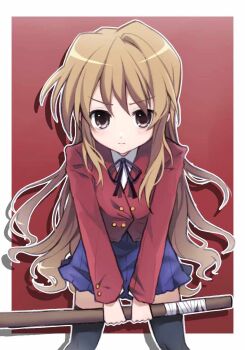 Rule 34 | 1girl, 545s (user azfy2553), aisaka taiga, black bow, black bowtie, black thighhighs, blazer, blue skirt, blush stickers, bokken, border, bow, bowtie, brown eyes, brown hair, commentary, cowboy shot, drop shadow, english commentary, hair between eyes, highres, holding, holding sword, holding weapon, jacket, long hair, long sleeves, looking at viewer, miniskirt, oohashi high school uniform, over-kneehighs, red background, red jacket, school uniform, skirt, solo, sword, thighhighs, toradora!, wavy hair, weapon, white border, wooden sword, zettai ryouiki