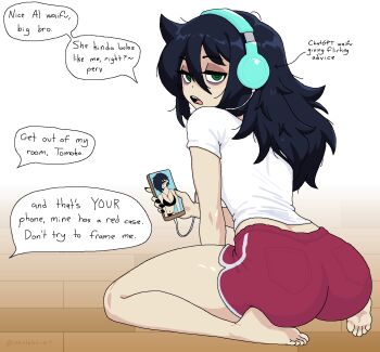 1girl ankh ankh_necklace ass back back_peek bags_under_eyes barefoot bikini black_bikini black_hair black_nails cable cellphone chatgpt dolphin_shorts dot_nose english_text fang feet from_behind goth_fashion gradient_background green_eyes hair_between_eyes half-closed_eyes headphones highres holding holding_phone implied_incest incest jewelry kuroki_tomoko long_hair looking_at_viewer looking_back messy_hair nail_polish necklace nevtelen on_floor open_mouth phone pocket red_shorts shirt short_hair short_shorts shorts sitting smartphone solo speech_bubble swimsuit talking teeth toes tongue twitter_username wariza watashi_ga_motenai_no_wa_dou_kangaetemo_omaera_ga_warui! watermark white_background white_shirt wire wooden_floor