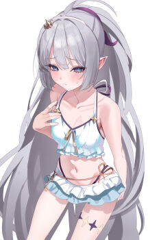 1girl absurdres bare_arms bikini bikini_skirt blue_eyes breasts cleavage closed_mouth collarbone commentary extra_pupils female_tyrant_(stella_sora) female_tyrant_(swimsuit)_(stella_sora) frilled_bikini frills grey_hair hair_ornament hair_ribbon hairband high_ponytail highres key long_hair navel official_alternate_costume ponytail purple_ribbon ribbon small_breasts solo standing stella_sora stomach sweat swimsuit tyrant_(stella_sora) very_long_hair white_bikini white_hairband zuki_(user_mzpz5848)