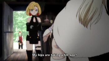 2girls animated animated_gif artemis_(junketsu_no_maria) ass ass_cutout blonde_hair blue_eyes blush butt_crack clothing_cutout earrings jewelry junketsu_no_maria lowres maria_(junketsu_no_maria) mooning multiple_girls no_panties short_hair spanked spanking text_focus