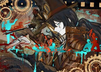 1boy 1girl aqua_eyes bandana black_hair bob_cut brown_capelet brown_hat brown_jacket brown_shoes capelet clock_hat_ornament closed_mouth commentary_request gears hat hat_ornament highres hong_lu_(project_moon) jacket knee_up limbus_company low_ponytail monocle newsboy_cap nishikujic pants ponytail project_moon ryoshu_(project_moon) shoes short_hair smile thigh_strap top_hat white_bandana white_pants yurodiviye_(identity)_(project_moon)