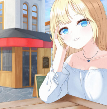 1girl arm_support blonde_hair blue_eyes breasts collarbone commentary commentary_request english_commentary hololive hololive_english jewelry korean_commentary light_blush long_hair long_sleeves looking_at_viewer medium_breasts mixed-language_commentary necklace off-shoulder_shirt off_shoulder outdoors parted_lips shirt sidelocks solo table teeth ugaaaa1 upper_body virtual_youtuber watson_amelia white_shirt
