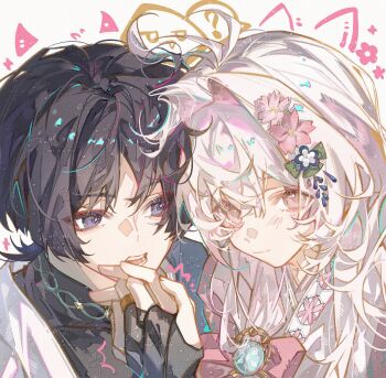 Rule 34 | 1boy, 1girl, ?, ^^^, animal ears, antenna hair, artist request, black bodysuit, black hair, blue cape, blue gem, blue hair, blunt ends, bodysuit, bow, bright pupils, cape, cat ears, closed mouth, colored inner hair, commission, commissioner insert, couple, covered collarbone, crossed bangs, cryo symbol (genshin impact), demon wings, eyelashes, eyeliner, gem, genshin impact, hair between eyes, hair intakes, hayami momo (hayamimomo), hetero, highres, holding hands, interlocked fingers, japanese clothes, kimono, long hair, looking at another, looking at viewer, makeup, mandarin collar, multicolored hair, oc x canon, open mouth, original, parted bangs, pink bow, pink eyes, pink hair, purikura, purple eyes, purple hair, red eyeliner, red hair, scaramouche (genshin impact), second-party source, side cape, smile, spoken expression, spoken question mark, streaked hair, teeth, vision (genshin impact), wanderer (genshin impact), watermark, white background, white hair, white kimono, white pupils, wings, wispy bangs