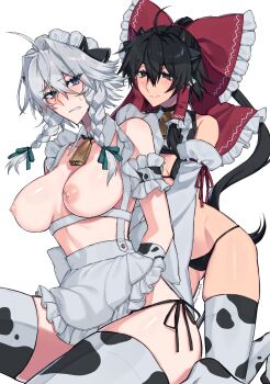 2girls absurdres angry animal_ears animal_print apron bell bikini black_hair blue_eyes bow braid breasts choker closed_eyes cow_ears cow_horns cow_print cow_print_bikini detached_collar detached_sleeves grey_hair hair_bow hair_tubes hakurei_reimu highres himadera horns izayoi_sakuya large_breasts long_hair looking_at_another maid_headdress midriff milking_machine multiple_girls neck_bell ponytail print_bikini red_bow small_breasts smile swimsuit thighhighs topless_female touhou twin_braids waist_apron