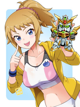 1girl bike_shorts black_eyes blue_eyes bowieknife breasts brown_hair cleavage clenched_hands collarbone commentary_request dutch_angle finger_to_cheek gundam gundam_build_fighters gundam_build_fighters_try hair_ornament hair_scrunchie hands_up highres holding hoshino_fumina jacket large_breasts looking_at_viewer mecha midriff mobile_suit navel off_shoulder one_eye_closed open_clothes open_jacket open_mouth pink_scrunchie pink_sports_bra ponytail robot scrunchie short_hair signature single_off_shoulder smile sports_bra standing teeth upper_body upper_teeth_only v-fin winning_gundam wristband yellow_jacket