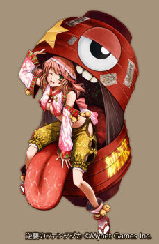 1girl ;d arm_up bare_shoulders breasts brown_hair cleavage commentary_request copyright_notice cropped_shirt detached_sleeves full_body green_eyes gyakushuu_no_fantasica headband highres lantern long_hair long_sleeves looking_at_viewer medium_breasts official_art one_eye_closed open_mouth pink_shirt pink_sleeves red_sandals sandals shirt shorts simple_background sitting sleeveless sleeveless_shirt smile socks solo tabi ueda_metawo white_socks yellow_shorts