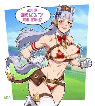 1girl adapted_costume animal_ears bag belt bikini blunt_bangs bow bowtie breasts brown_hat chest_harness detached_collar ear_bow ear_covers gold_ship_(umamusume) grey_hair harness hat highres horse_ears horse_girl horse_tail looking_at_viewer pillbox_hat red_bow red_bowtie running satchel smile solo strap sweat swimsuit tail thighhighs umamusume unaligned_breasts yatagarasupen