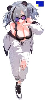 Rule 34 | 1girl, absurdres, animal ears, arknights, bare shoulders, black-framed eyewear, black hair, black shoes, black sports bra, breasts, cleavage, cleavage cutout, closed mouth, clothing cutout, commentary request, fang, feater (arknights), full body, grey hair, hair over one eye, hand up, highres, jacket, large breasts, long sleeves, medium hair, multicolored hair, off shoulder, one eye covered, orange eyes, pants, purple-tinted eyewear, round eyewear, sgt syunkai, shoes, simple background, skin fang, smile, sneakers, solo, split mouth, sports bra, standing, streaked hair, tinted eyewear, white background, white jacket, white pants, white shoes