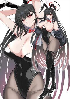 1girl animal_ears arms_up bare_shoulders black_boots black_hair black_jacket black_leotard blue_archive blush boots bow bowtie breasts brown_pantyhose commentary_request covered_navel detached_collar fake_animal_ears full_body halo high_heel_boots high_heels highleg highleg_leotard highres jacket kawabata_yoshihiro large_breasts leotard long_hair long_sleeves looking_at_viewer multiple_views off_shoulder pantyhose playboy_bunny rabbit_ears red_eyes rio_(blue_archive) thigh_boots