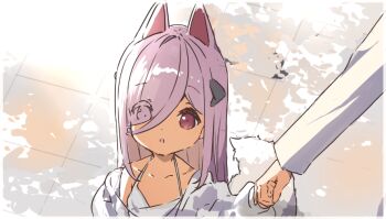 1girl 1other :o animal_ears collarbone commentary_request dress eyes_visible_through_hair hair_ornament hair_over_one_eye halterneck holding_hands long_sleeves looking_at_viewer mysteria_(p19) original p19 parted_lips purple_hair red_eyes tail white_dress