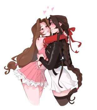 2girls absurdres adapted_costume aerith_gainsborough aerith_gainsborough_(cosplay) arms_around_neck bare_shoulders black_jacket black_thighhighs blush braid breasts brown_hair cosplay cowboy_shot crop_top cropped_legs dress earrings elbow_gloves final_fantasy final_fantasy_vii gloves green_eyes hair_ribbon hair_tie highres jacket jewelry leather leather_jacket long_hair looking_at_another low-tied_long_hair medium_breasts midriff miniskirt multiple_girls parted_bangs pink_shirt pink_skirt pleated_skirt red_eyes red_gloves red_ribbon ribbon shirt short_dress single_braid skirt skirtzzz sleeveless sleeveless_shirt smile suspenders thighhighs tifa_lockhart tifa_lockhart_(cosplay) white_background white_dress yuri zettai_ryouiki