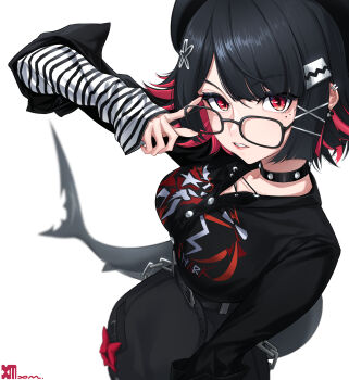 1girl absurdres adjusting_eyewear alternate_costume arm_up artist_name belted_skirt beret black_hair black_hat black_shirt black_skirt blurry blurry_background breasts chain collar colored_inner_hair commentary_request ear_piercing earrings ellen_joe fins fish_tail flower_hairpin glasses hat highres jewelry looking_at_viewer medium_breasts mole mole_under_eye multicolored_hair parted_lips piercing razor_blade_hair_ornament red_eyes scar scar_on_tail shark_girl shark_tail sharp_teeth shirt short_hair simple_background skirt solo spiked_collar spikes striped_sleeves tail teeth v v-shaped_eyebrows white_background xm_(rvgj8487) zenless_zone_zero