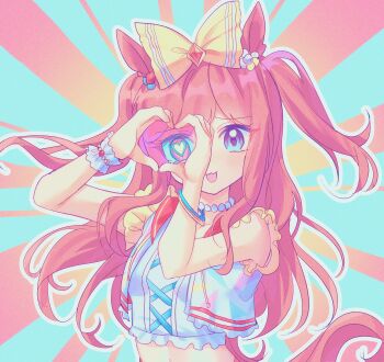 1girl absurdres agnes_digital_(full-color_fangirling)_(umamusume) agnes_digital_(umamusume) animal_ears bead_necklace beads blue_eyes blush bow bracelet breasts camellia_(camel_mal) cropped_jacket cropped_shirt hair_bow heart heart-shaped_pupils heart_hands highres horse_ears horse_girl horse_tail jacket jewelry long_hair looking_at_viewer midriff necklace open_clothes open_jacket open_mouth pink_hair shirt single_wrist_cuff sleeveless smile solo symbol-shaped_pupils tail two_side_up umamusume upper_body white_shirt wrist_cuffs yellow_bow