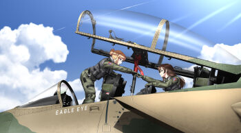 2girls aircraft airplane black_vest blonde_hair blue_eyes blue_sky brown_hair canopy_(aircraft) closed_mouth cloud cockpit commentary commission english_commentary f-15_eagle fighter_jet fist_bump flight_suit gloves green_gloves green_jumpsuit half_crown_braid highres jumpsuit medium_hair military_vehicle multiple_girls open_cockpit original outdoors pilot pouch short_hair sidelocks signature sitting sky smile standing sunlight unit_patch updo vest zero_(73ro)