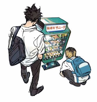2boys backpack bag black_bag black_hair black_pants black_shoes blonde_hair blue_bag commentary english_commentary from_behind haikyuu!! hand_in_pocket highres kozume_kenma kuroo_tetsurou male_focus multicolored_hair multiple_boys pants roots_(hair) shirt shoes simple_background spiked_hair squatting ufooooooooi vending_machine white_background white_shirt