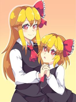 2girls :o absurdres ascot black_skirt black_vest blonde_hair breasts closed_mouth collared_shirt commentary commission drop_shadow english_commentary ex-rumia fingernails frilled_ribbon frills gradient_background hair_between_eyes hair_ribbon highres holding_hands long_hair long_sidelocks long_sleeves looking_at_viewer medium_hair multiple_girls neferkitty open_mouth pointy_ears red_ascot red_eyes red_ribbon ribbon rumia sharp_fingernails shirt sidelocks skirt skirt_set small_breasts smile split_mouth time_paradox touhou upper_body vest watermark white_shirt white_trim wing_collar