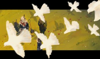 1girl 2boys absurdres belt bird black_boots black_coat black_gloves blonde_hair blue_coat blue_dress boots brown_hair charon_(reverse:1999) coat covered_face dress eberhard_braun flower from_above gloves grass green_jacket green_pants highres holding holding_notebook jacket letterboxed military_uniform motion_blur multiple_boys notebook oredcchi outside_border pants partita_(reverse:1999) planted planted_shovel poppy_(flower) red_flower reverse:1999 sam_browne_belt shadow shovel standing too_many too_many_birds veil white_bird white_gloves white_veil