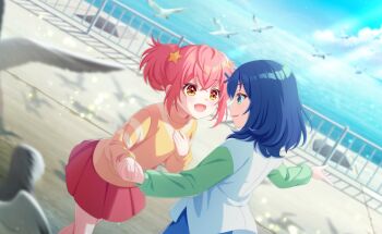 2girls :d bird blue_eyes blue_hair blurry blurry_background blurry_foreground blush commentary_request day depth_of_field game_cg green_eyes hair_ornament highres holding_hands long_sleeves looking_at_another multiple_girls official_art ootori_kokona open_mouth pink_hair pleated_skirt red_skirt shirt shizuka_(world_dai_star) short_hair skirt smile star_(symbol) star_hair_ornament sweater third-party_source twintails world_dai_star